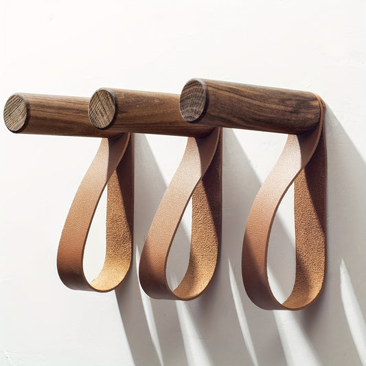 Wooden Hook w/ PU Leather Strap Wall Hook Coat Hanger