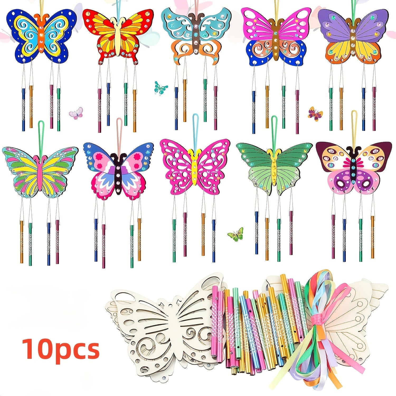 10pcs DIY Wooden Wind Chimes Butterfly Enjoy Drawing Fun