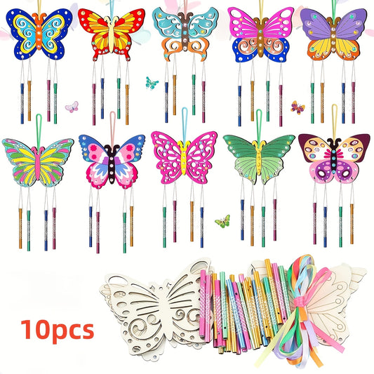 10pcs DIY Wooden Wind Chimes Butterfly Enjoy Drawing Fun