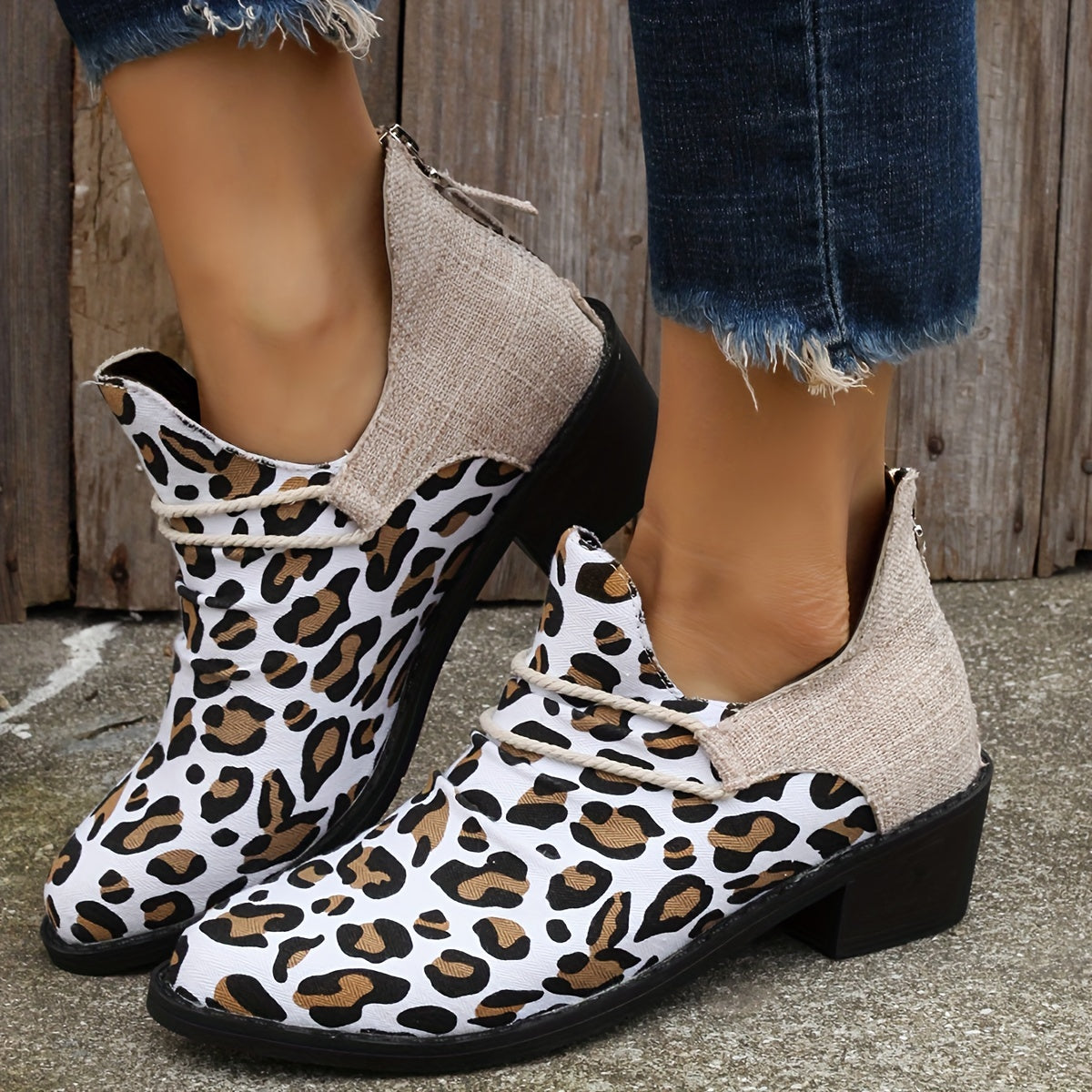 Leopard Print Ankle Boots Pointed Toe Chunky Boots