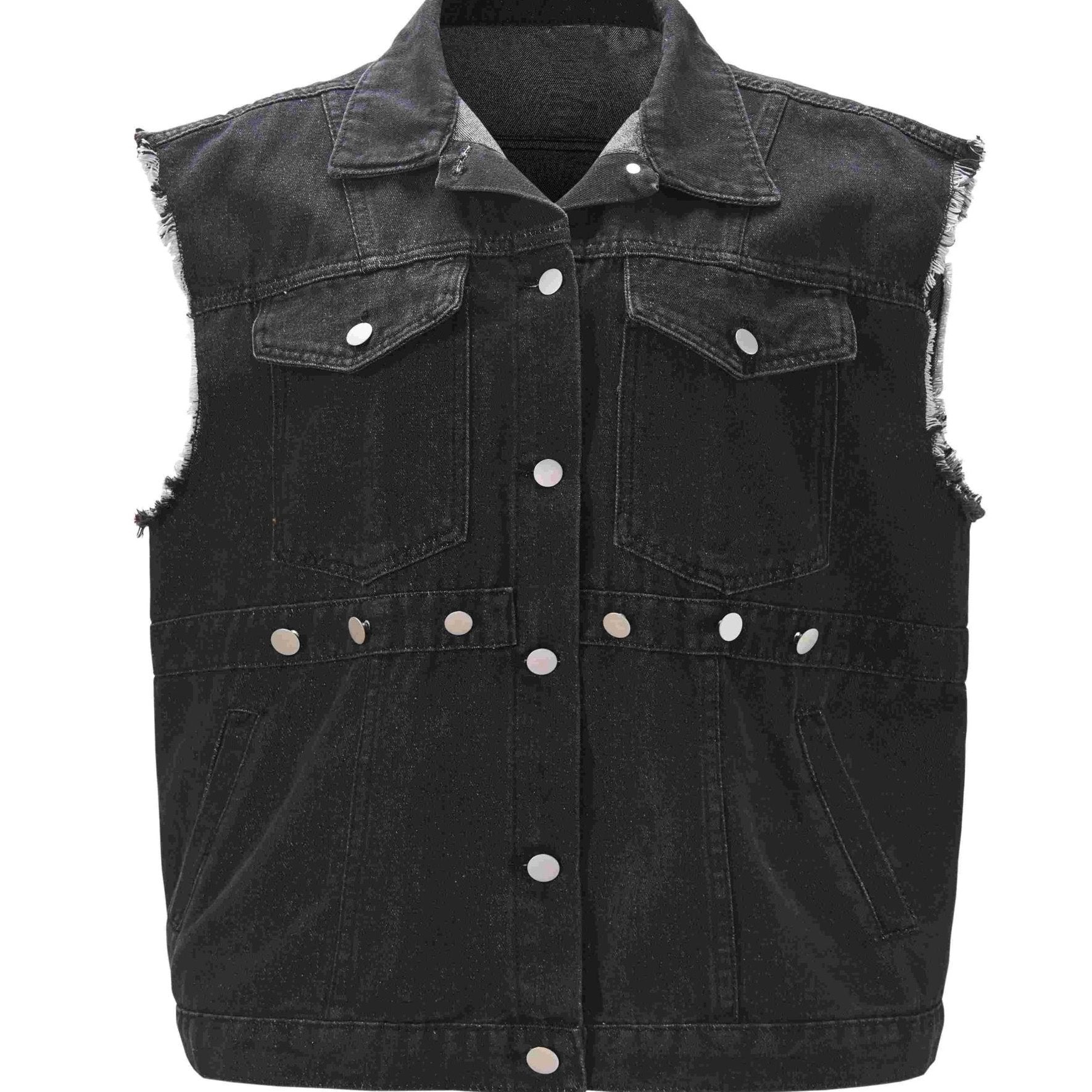  Denim Vest Fringe Trim Button Front Slim Fit Casual Jean Vest