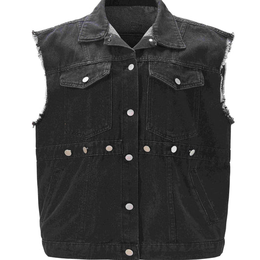  Denim Vest Fringe Trim Button Front Slim Fit Casual Jean Vest