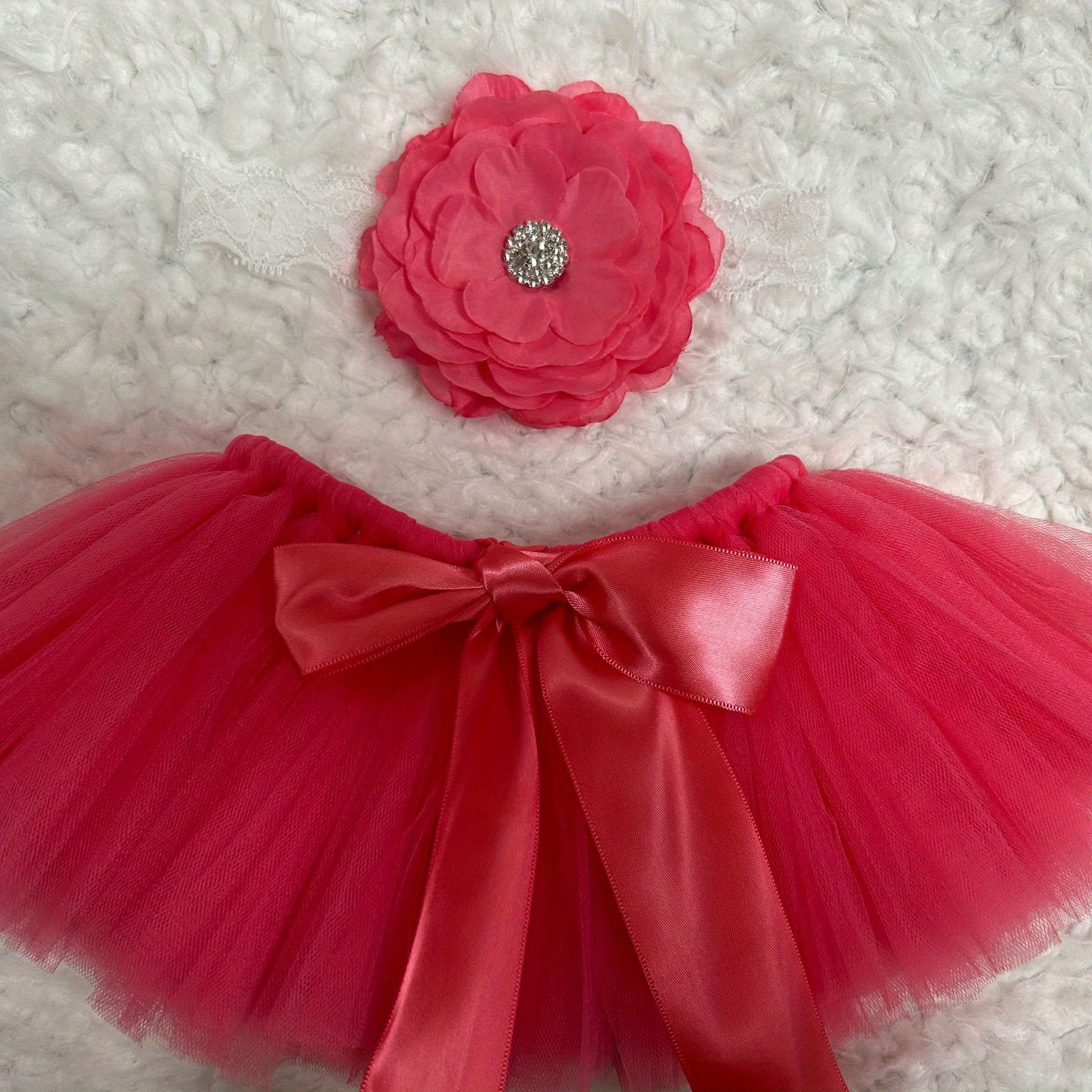 Watermelon Red Tutu Bow Skirt & Flower Headdress for Baby Girls