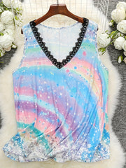  Casual Tank Top Women's Plus Painting Print Contrast Lace Trim V Neck