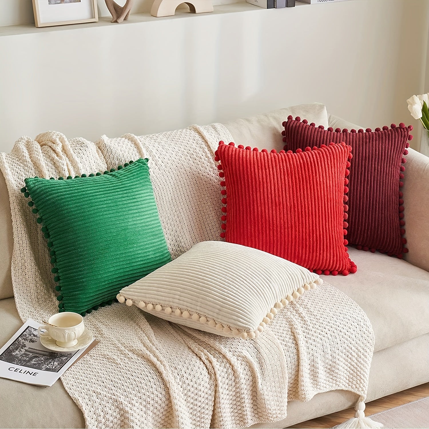 Boho Decorative Throw Pillow Covers with Pom poms Corduroy Cushion Case Set