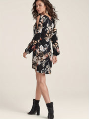  Floral Print Cut Out Lantern Sleeve Round Neck Stretch Dress