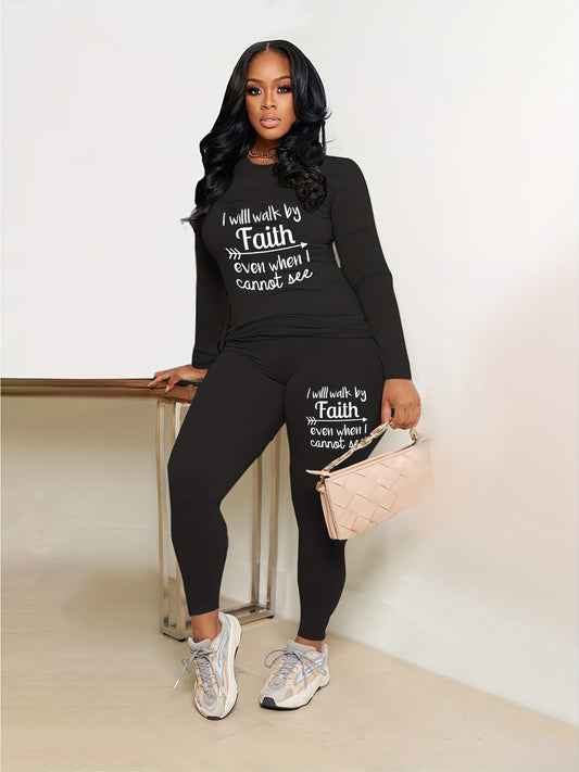 Casual 2pc Set: Crew Neck Top & Slim Pants
