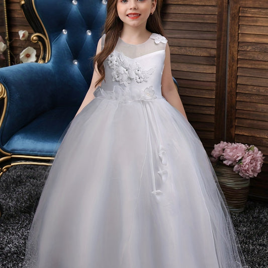 Girls Princess Dress Sleeveless Flower Embroidery Mesh Tutu Dress