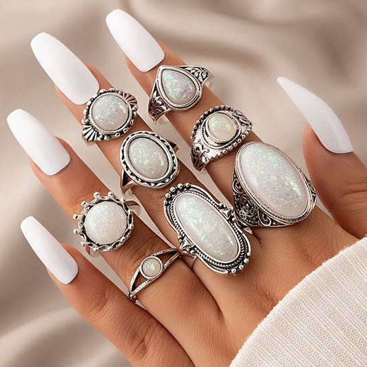 Vintage Opal Gemstone Stackable Knuckle Rings 8pcs Set