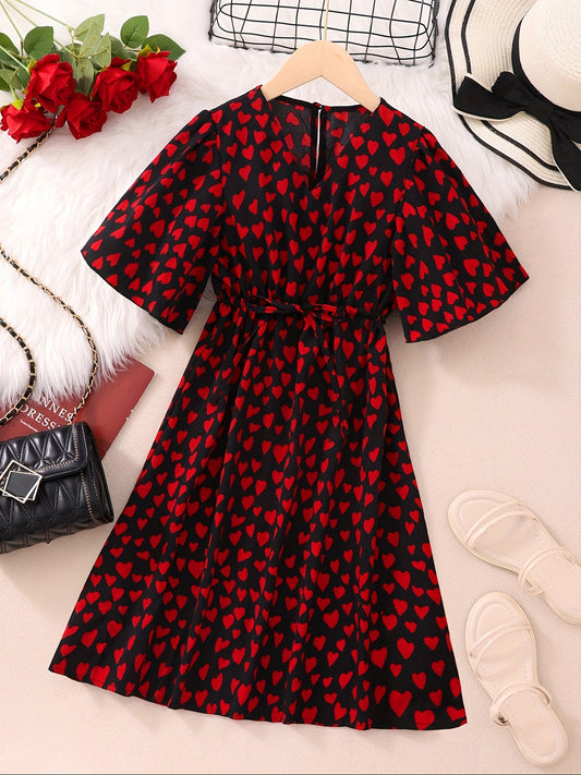 Hearts Print V-neck Tunic Dress for Girls