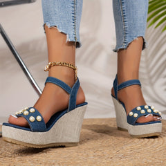 Women's Faux Pearl Wedge Sandals Buckle Strap Platform Comfort Canvas Shoes