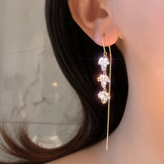 Zircon Decor Threader Earrings Maple Leaf Long Tassel Ear Accessories