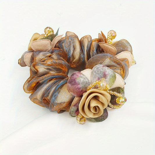 Boho Flower Scrunchies Hair Tie Crystal Beaded Hair Rope Ponytail Holder