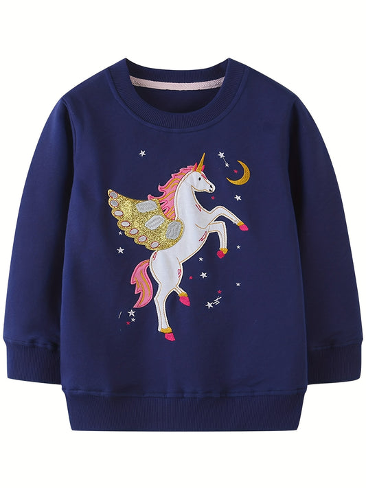 Girls Unicorn Embroidery Sweatshirt Long Sleeve Top Pullover