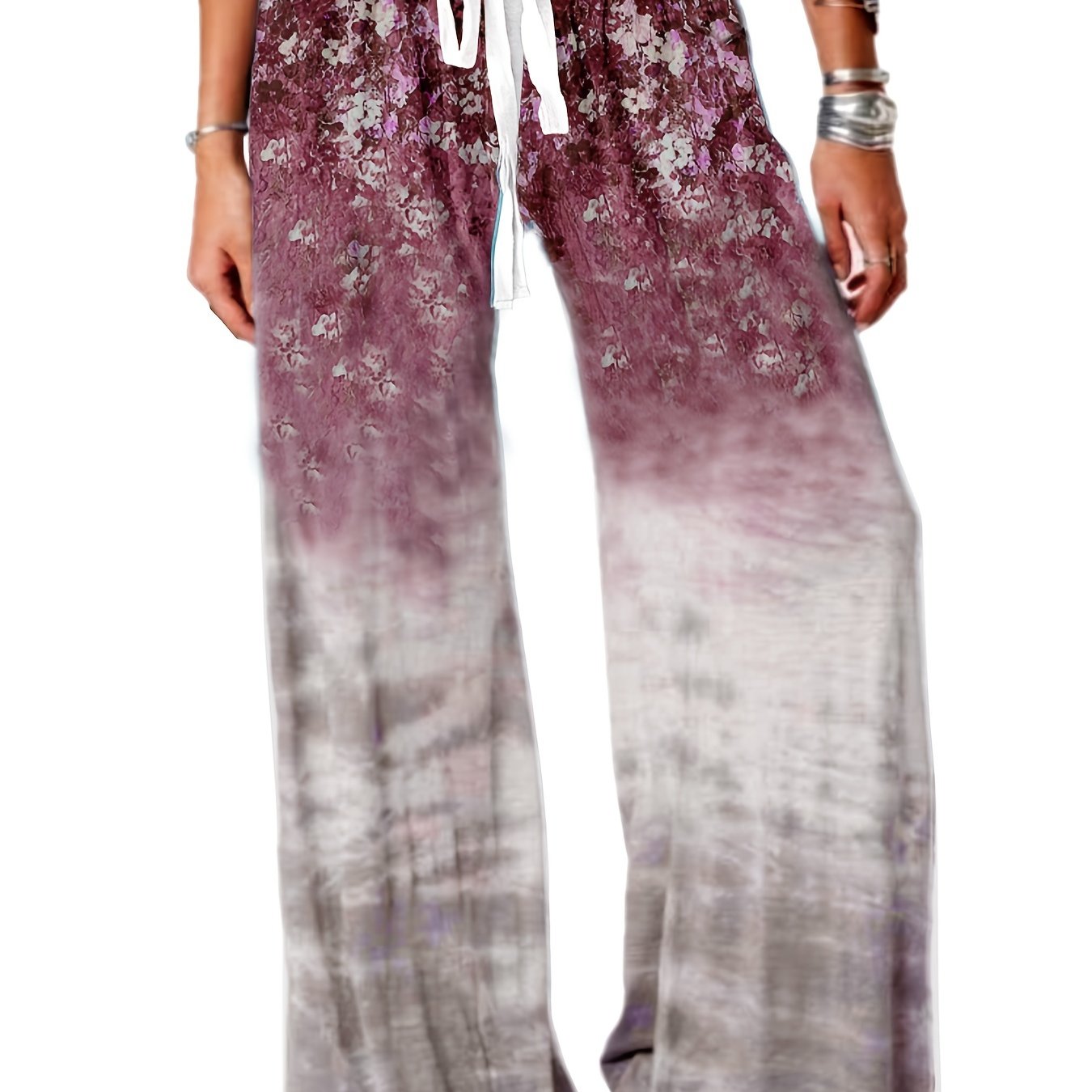Women's Plus Floral & Ombre Print Drawstring Wide Leg Pants
