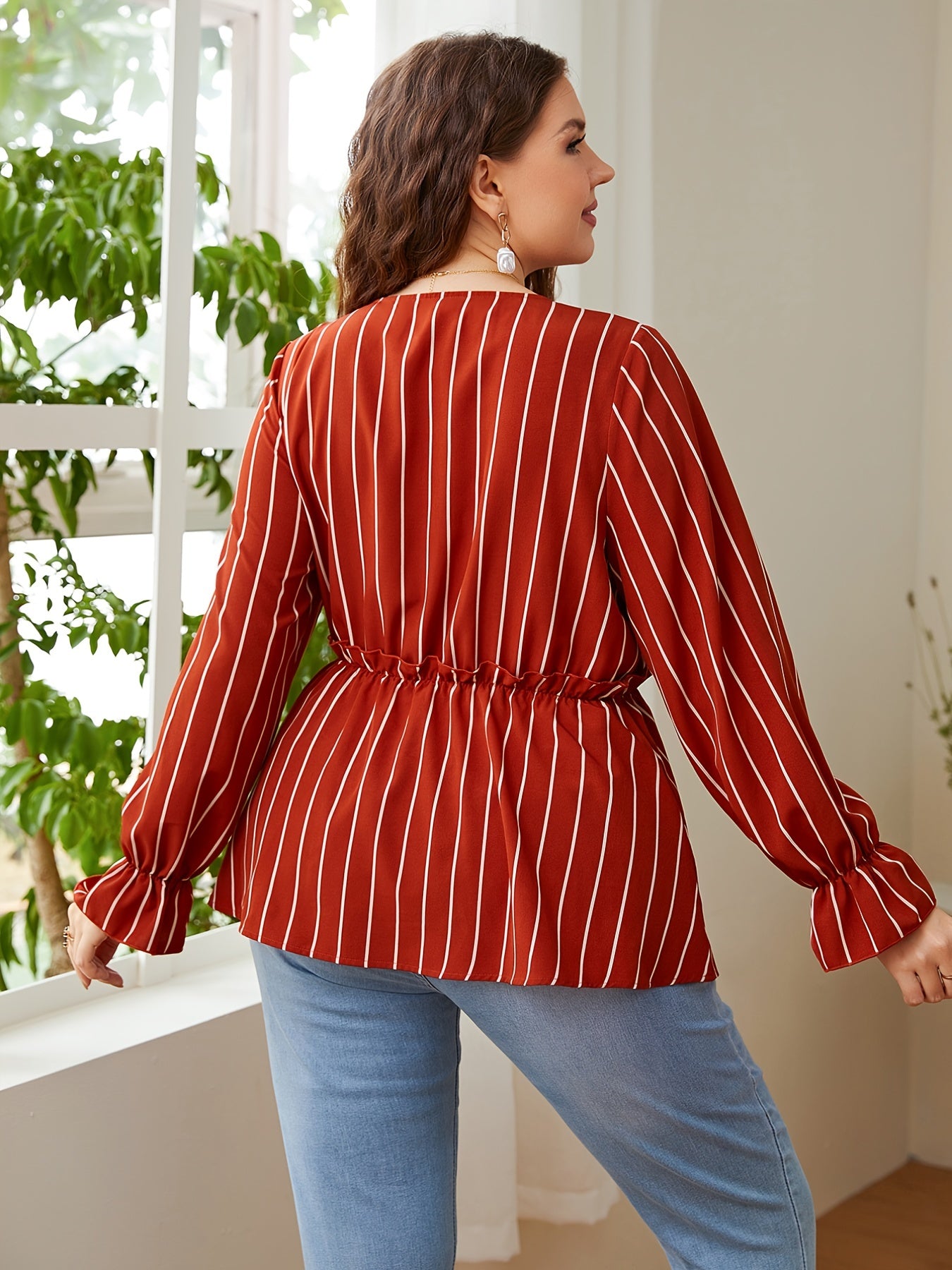  Striped Print V Neck Peplum Blouse Long Sleeve Casual Top