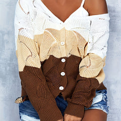  Colorblock Pointelle Long Sleeve V Neck Sweater Cardigan