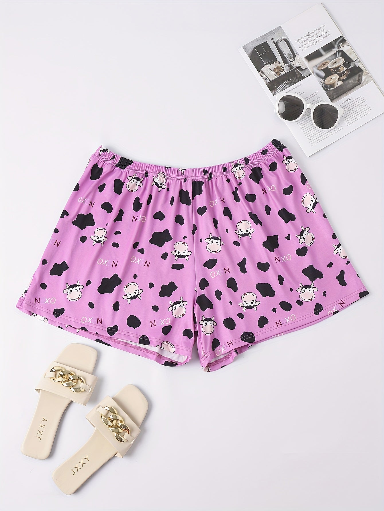 Women's Plus Cow Print Elastic Waist Home Shorts