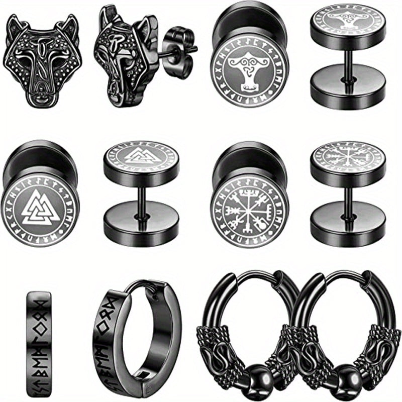 6 Pairs Stainless Steel Viking Hoop Earrings for Men