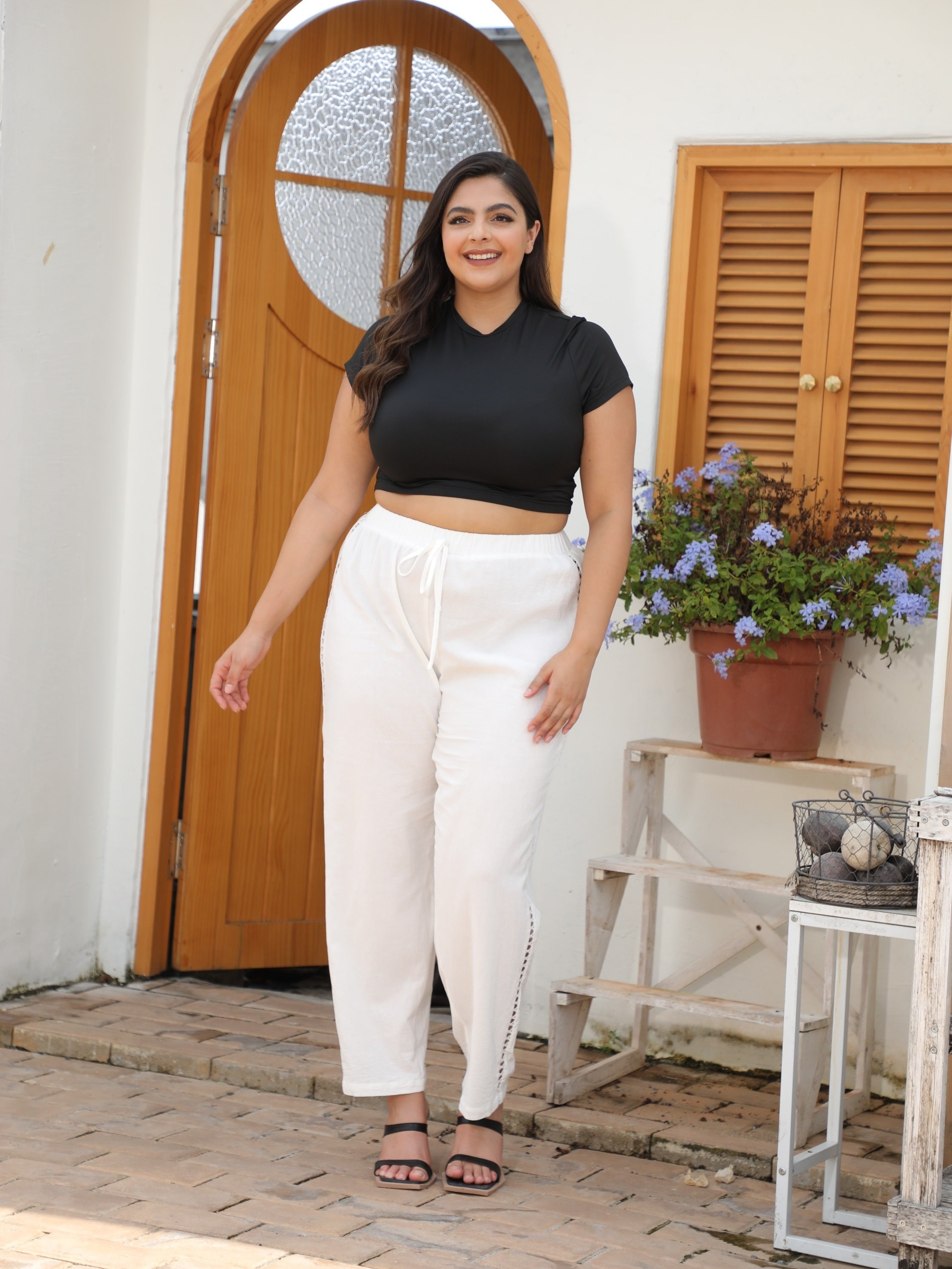  Solid Elastic Drawstring Lace Trousers