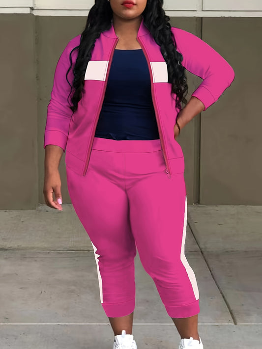  Striped Long Sleeve Stand Collar Zipper Coat & Joggers Set