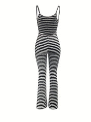Striped Flare Leg Jumpsuit Backless Casual Slim Fit Jumpsuit