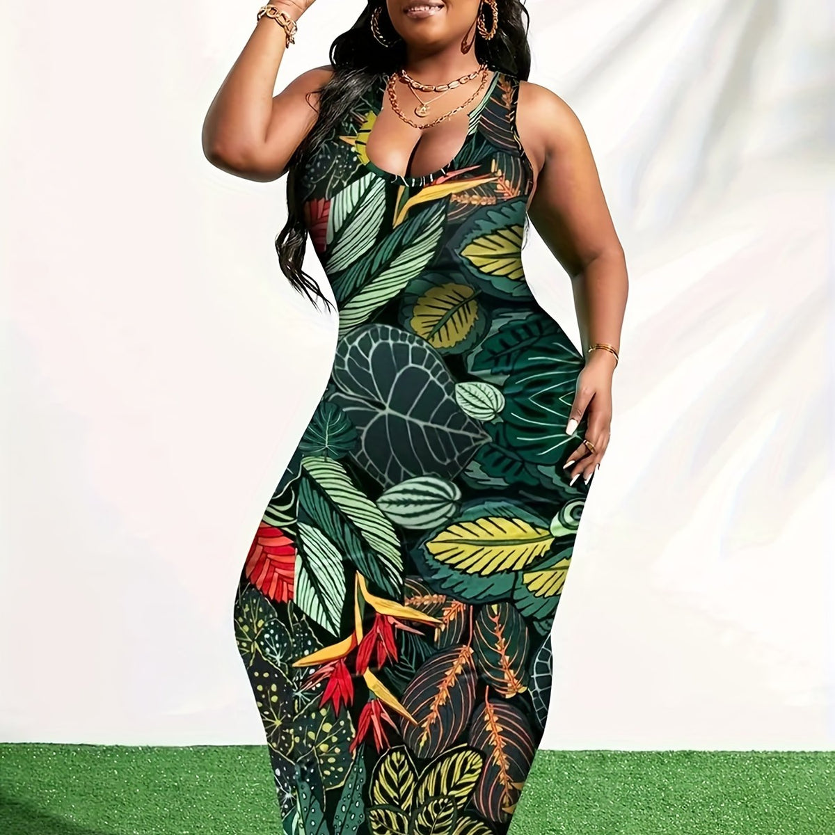  Women's Leaf Print Halter Neck Maxi Dress