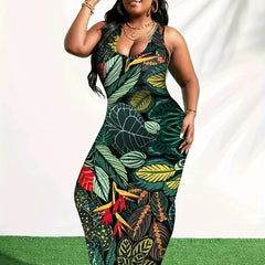  Women's Leaf Print Halter Neck Maxi Dress