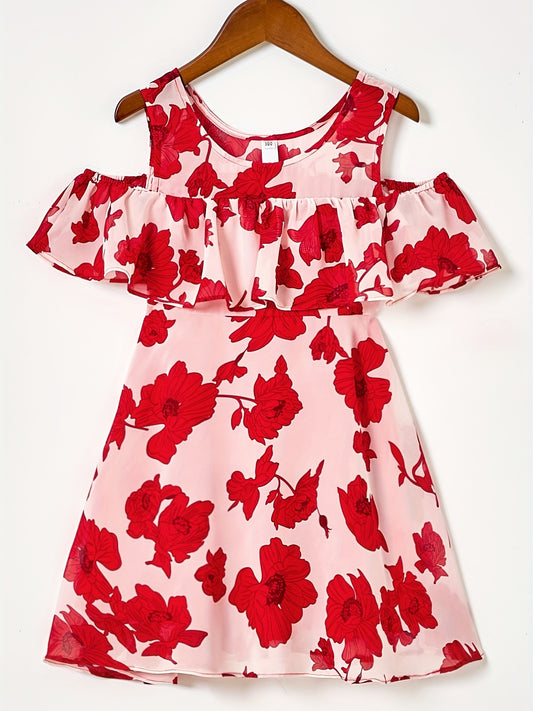 Toddler Girls Ruffle Trim Cold Shoulder Flowers Graphic Princess Dress