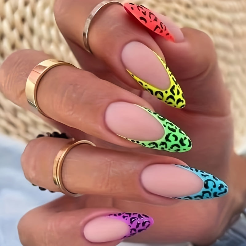 24pcs Leopard Print Almond Press On Nails Long Matte Acrylic Stiletto Nails