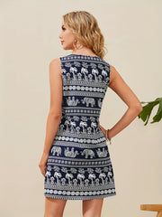  Tribal Print Tank Dress Round Neck Stretch Medium