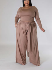 Plus Solid Long Sleeve Round Neck Crop Top & Belted Wide Leg Pants Outfit Set