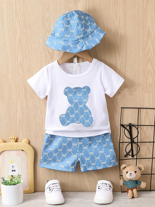 Bear Graphic Tee Top & Shorts & Hat 3pcs Suit Little Boys Outfit