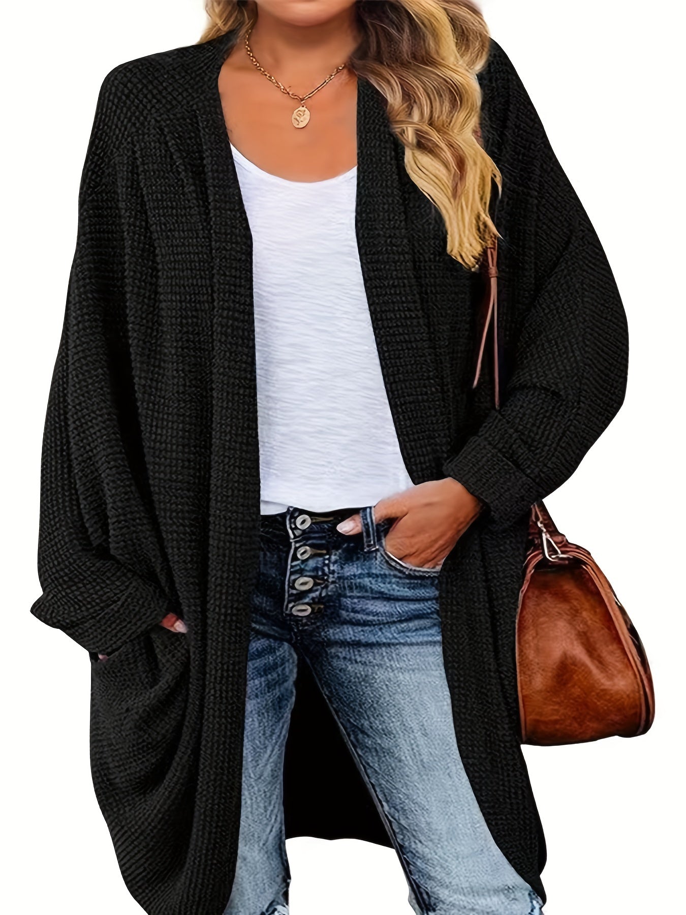  Waffle Knit Bat Sleeve Open Front Sweater Cardigan