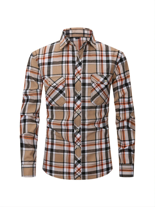 Men's Double Pocket Plaid Shirt for Spring Fall