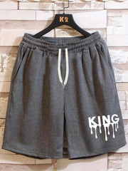 King Print Men's Shorts Casual Loose Elastic Waist Drawstring Shorts