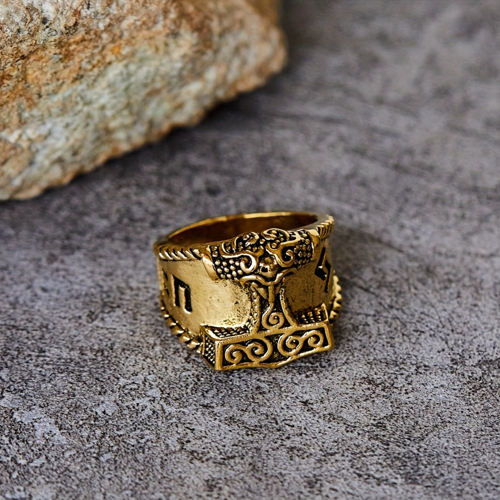 Thor's Hammer Ring Nordic Viking Good Luck Sign Verse Ring For Men