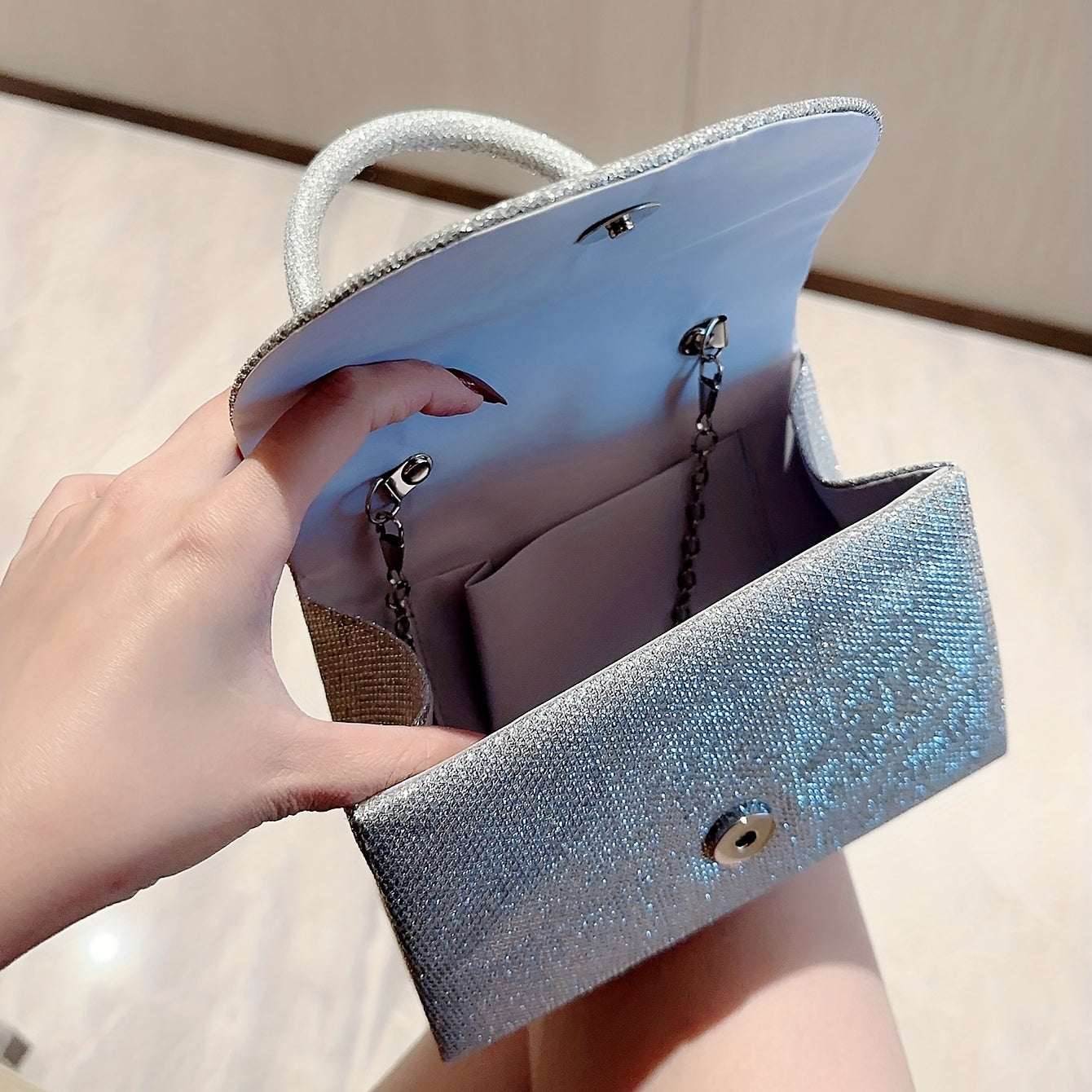 Glitter Pleated Chain Handbag Elegant Textured Flap Purse Evening Bag
