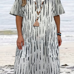  Casual Dress Women's Plus Strip Print Button Decor Short Sleeve
