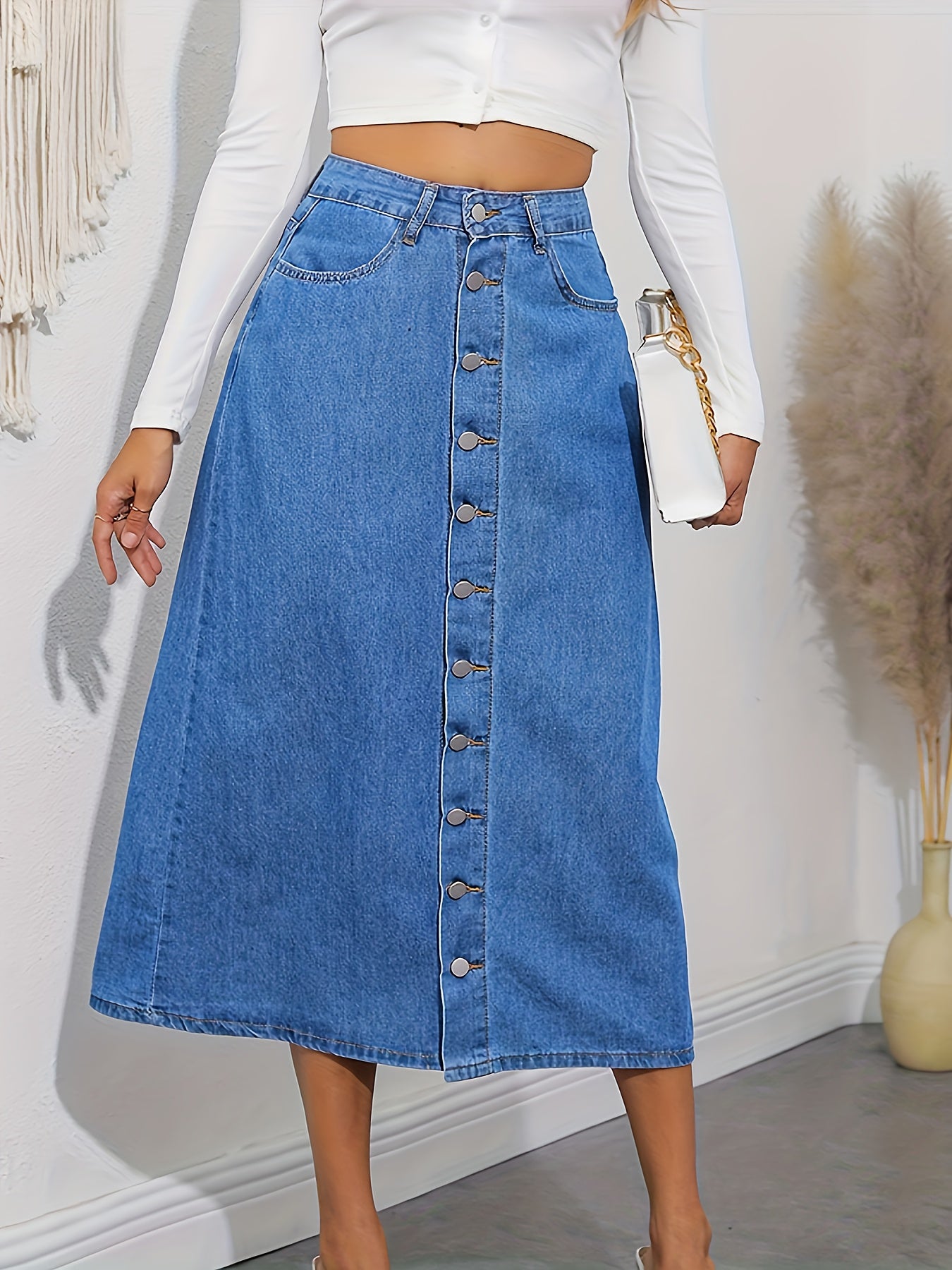 Denim Maxi Skirt Button Front Women's Clothing