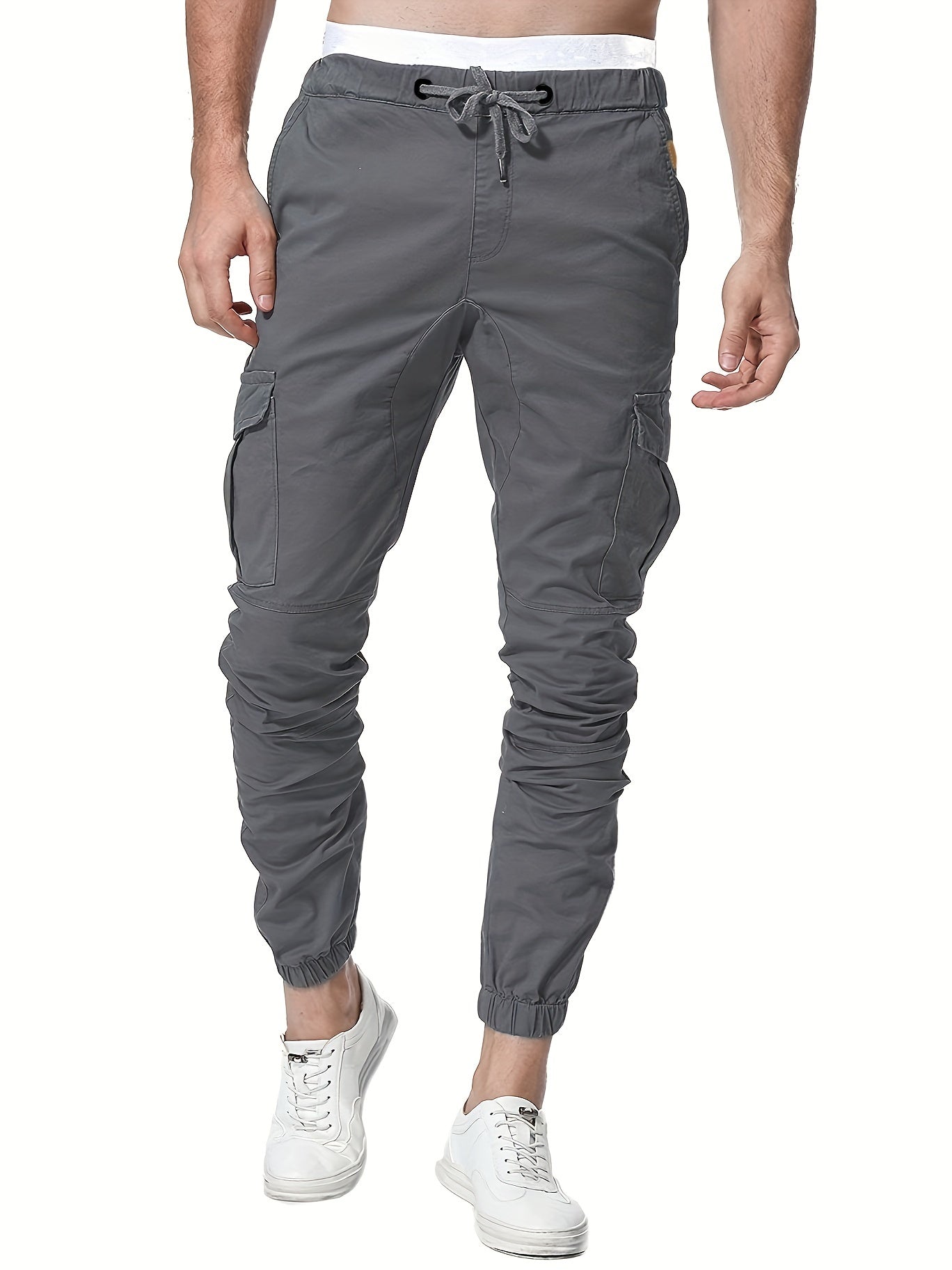 Solid Men's Drawstring Cargo Pants Flap Pocket Jogger Pants