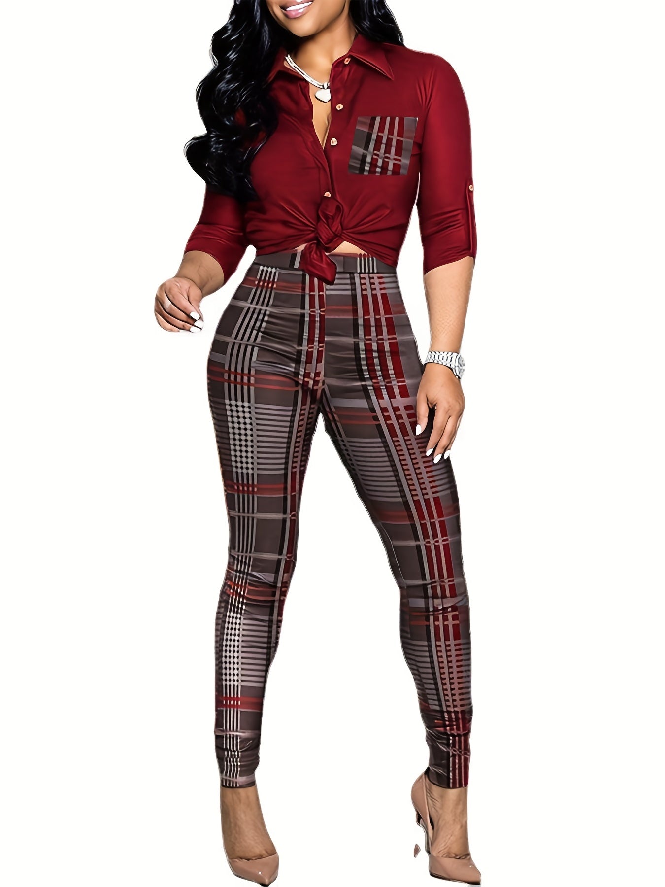Spring/Summer 2pc Set Shirt & Plaid Pants Outfit Women's Clothing