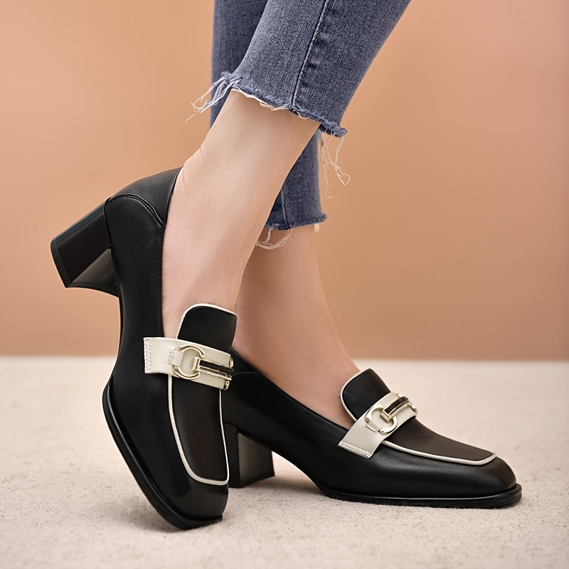 Women's Chunky Heel Chain Decor Loafers Non Slip Slip On Shoes