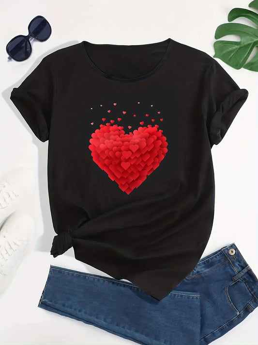 Women's Red Heart Graphic Casual T Shirt with Round Neck