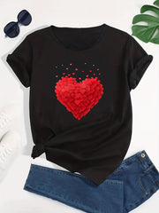 Women's Red Heart Graphic Casual T Shirt with Round Neck