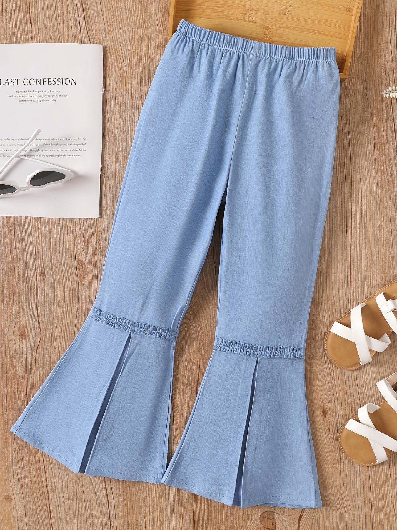 Kid Girls' Frill Trims Bell Bottom Elastic Waist Slim Stretch Flared Pants