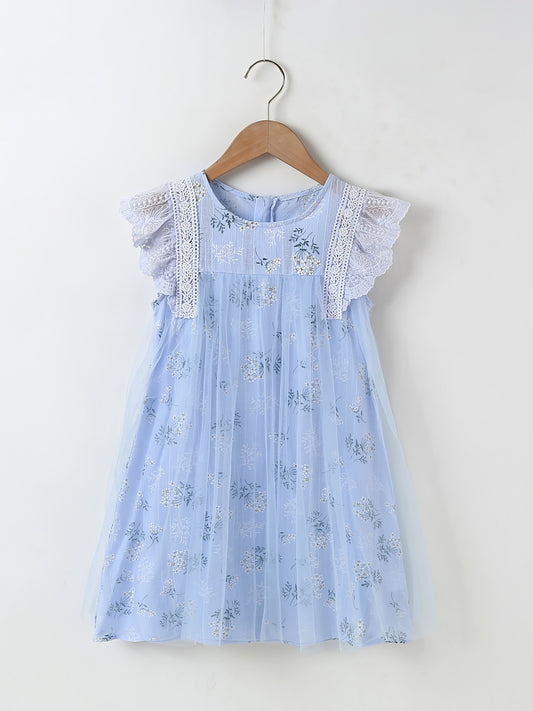 Girls Lace Ruffled Sleeves Floral Print Princess Dress