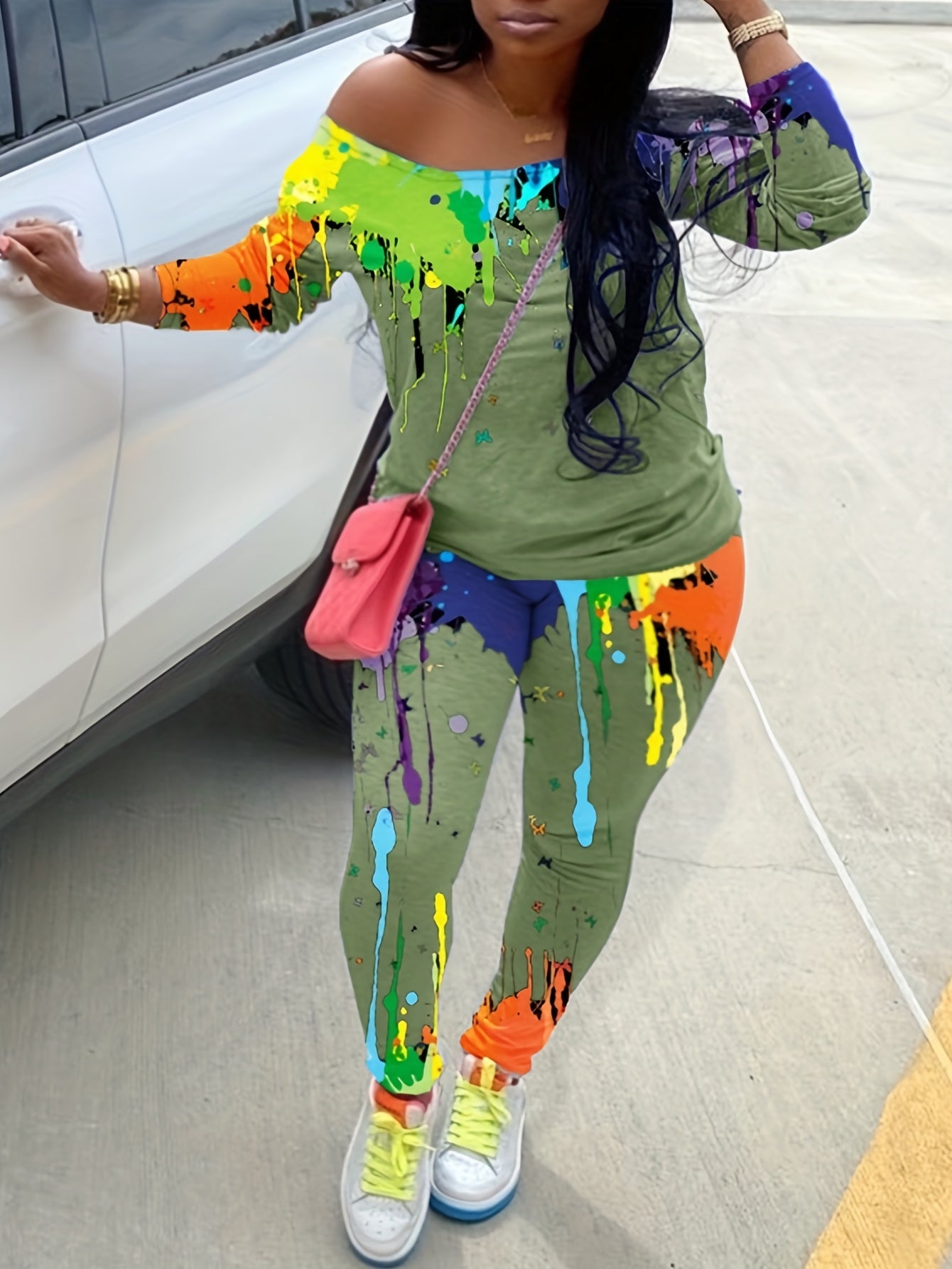  Tie Dye One Shoulder Top & Leggings Set