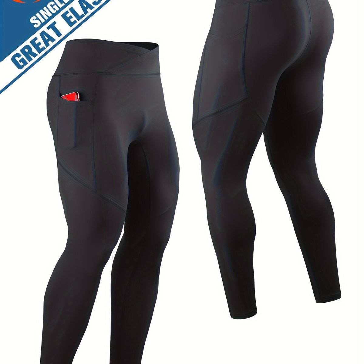 Men's Solid Pocket Leggings Compression Pants For Outdoor Running