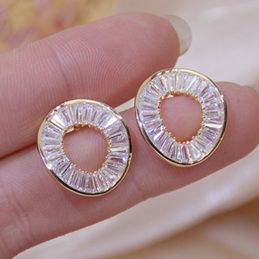 Geometric Crystal Hollow Circle Stud Earrings - Fine Jewelry for Women